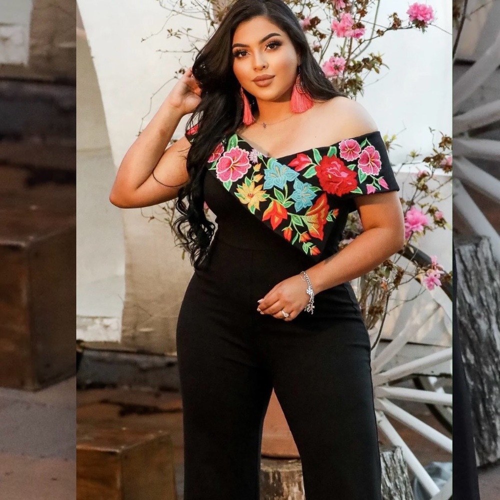 Floral Embroidered Black Jumpsuit